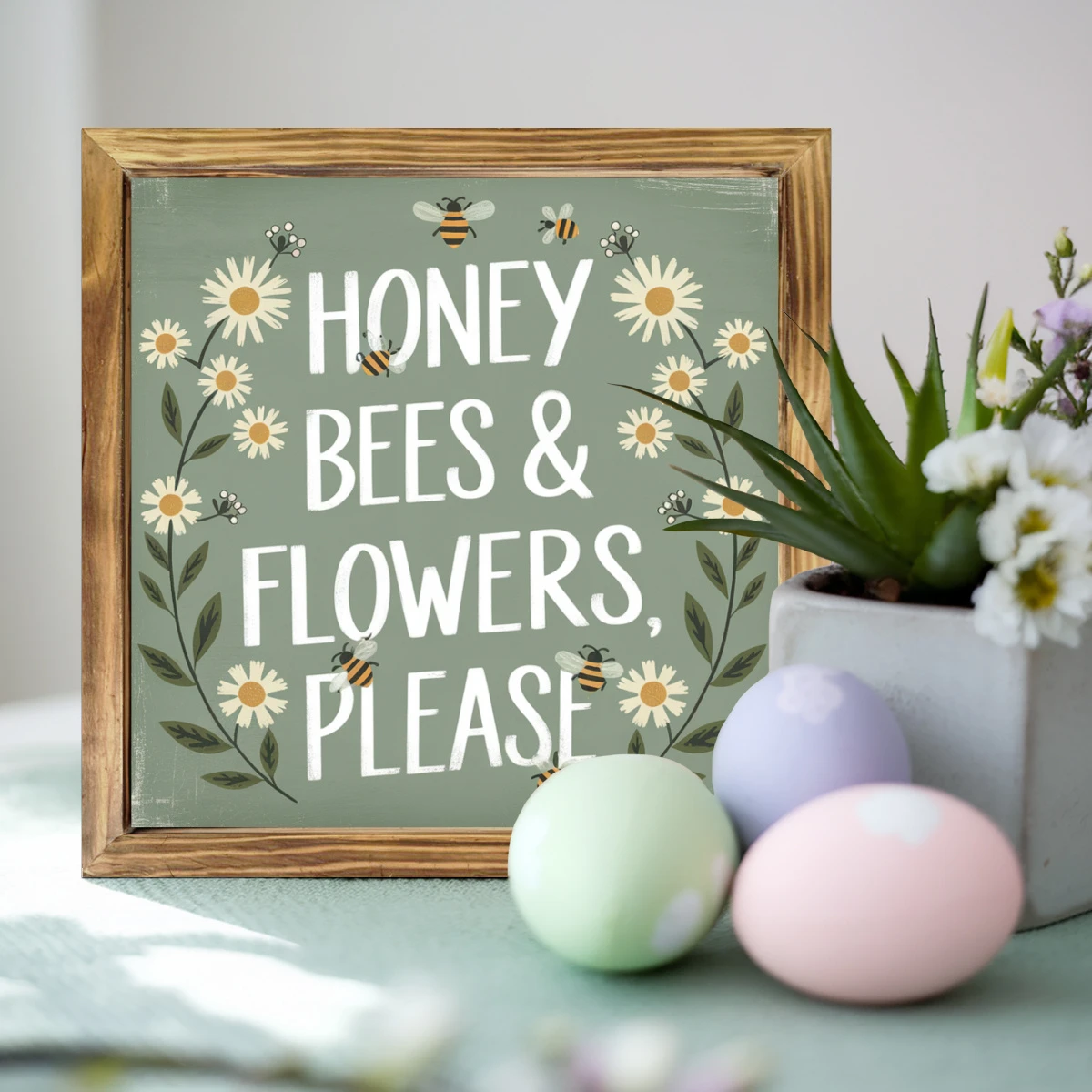"8x8" 'Honey Bees & Flowers, Please' Wood Sign - Rustic Farmhouse Wall Art For Living Room, Entryway | Playful Easter Gift_voghion.com