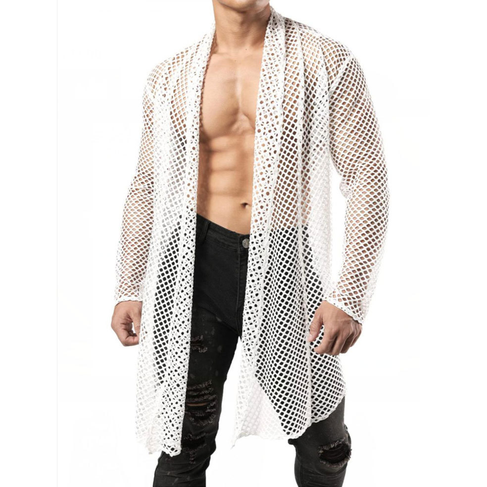 Herren-Übergröße, Schalkragen, Cut-Out, lange Strickjacke, Netzstoff, durchsichtig, Langarmshirt_voghion.com
