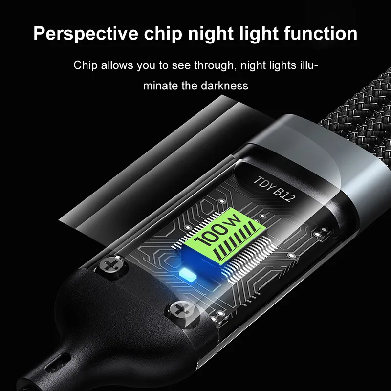 New Transparent LED Night Light Fast Charging Supports 100W 3 In 1 USB Charger Mobile Phone Type C Data Cable For Iphone_voghion.com