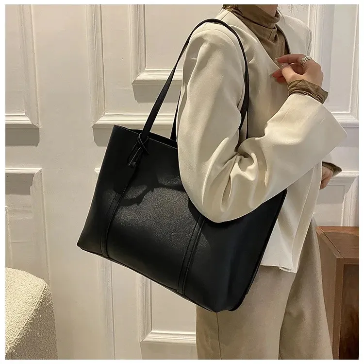 1PC black minimalist large capacity soft leather tote casual versatile shoulder bag 240822_voghion.com