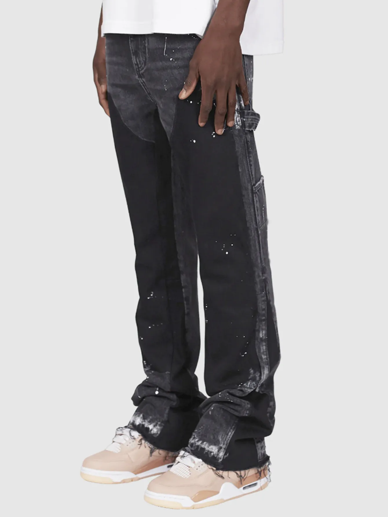 Men's Hand-Painted Flared Jeans - Black With Contrast Color Block Design, Retro Bootcut Trousers, Street Style Denim_voghion.com