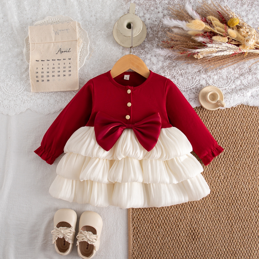 Spring And Autumn New Red Bow Baby Girl Princess Dress, Sweet And Cute Children'S Clothing Suitable For The New Year (6-24 Months)_voghion.com