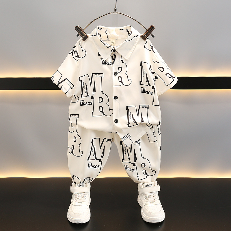 Boys Shirt Set 2024 New Pi Shuai Yang Qi Children's Short sleeved Long Pants Baby Summer Clothing