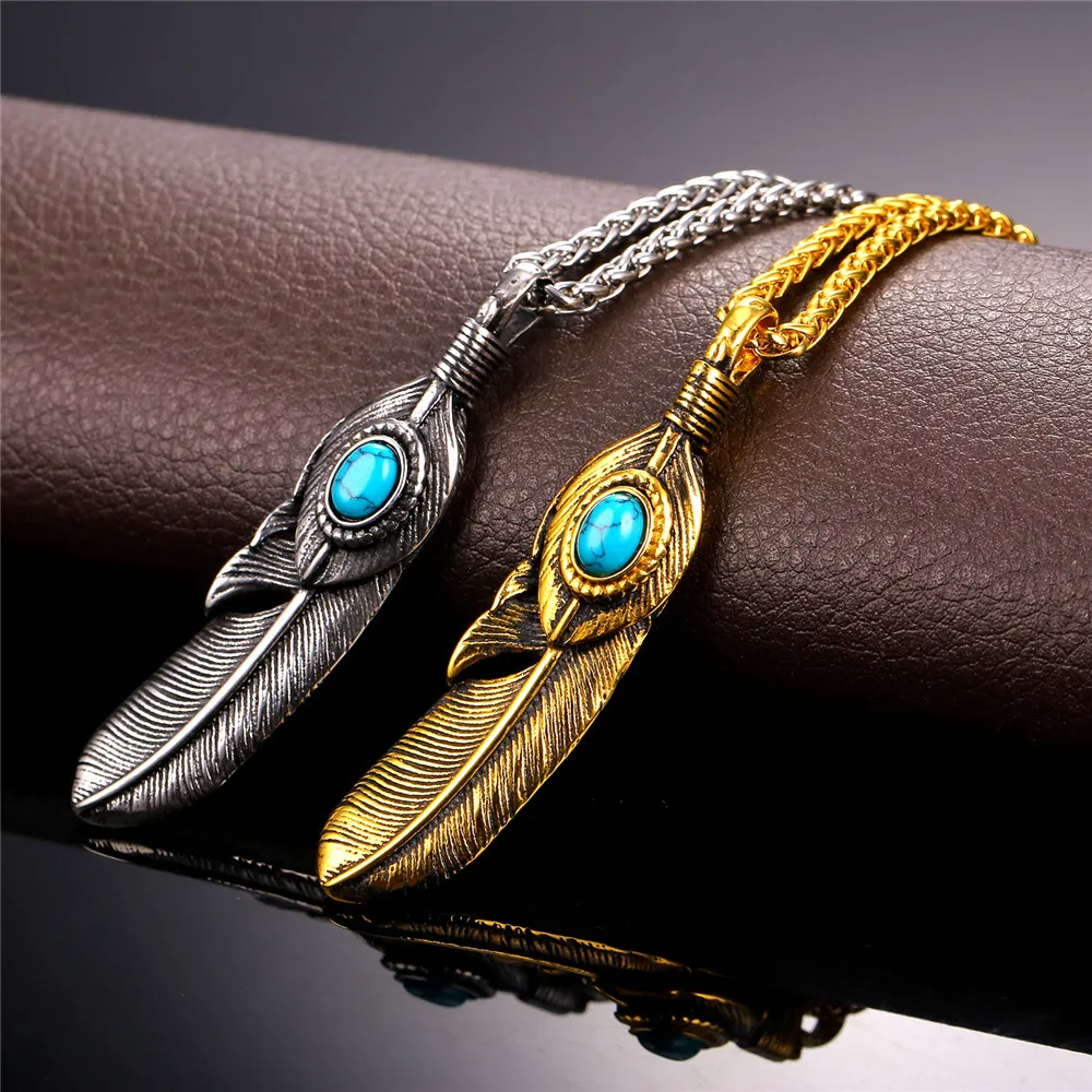 Collane con ciondolo Dream Catcher Collana e design a forma di piuma con pietra blu Acciaio inossidabile Colore oro Boho Vintage_voghion.com