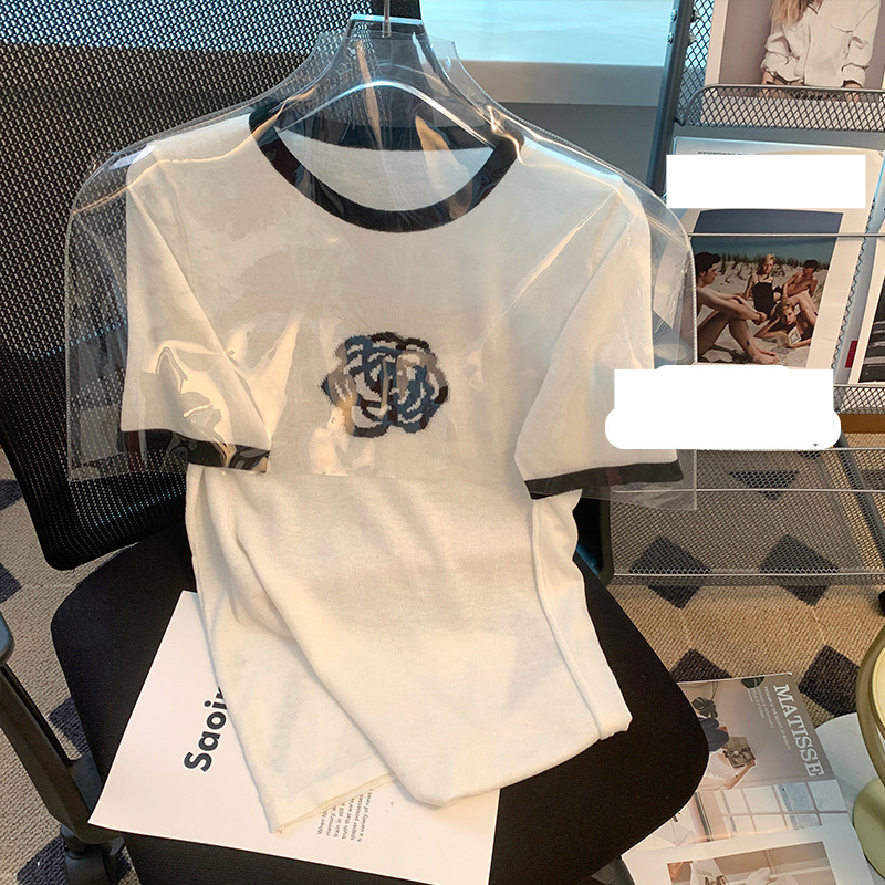 Vêtements pour femmes T-shirt élégant en soie glacée à manches courtes et col rond de couleur contrastée pour femme, pull ample en tricot de soie glacée jacquard d'été