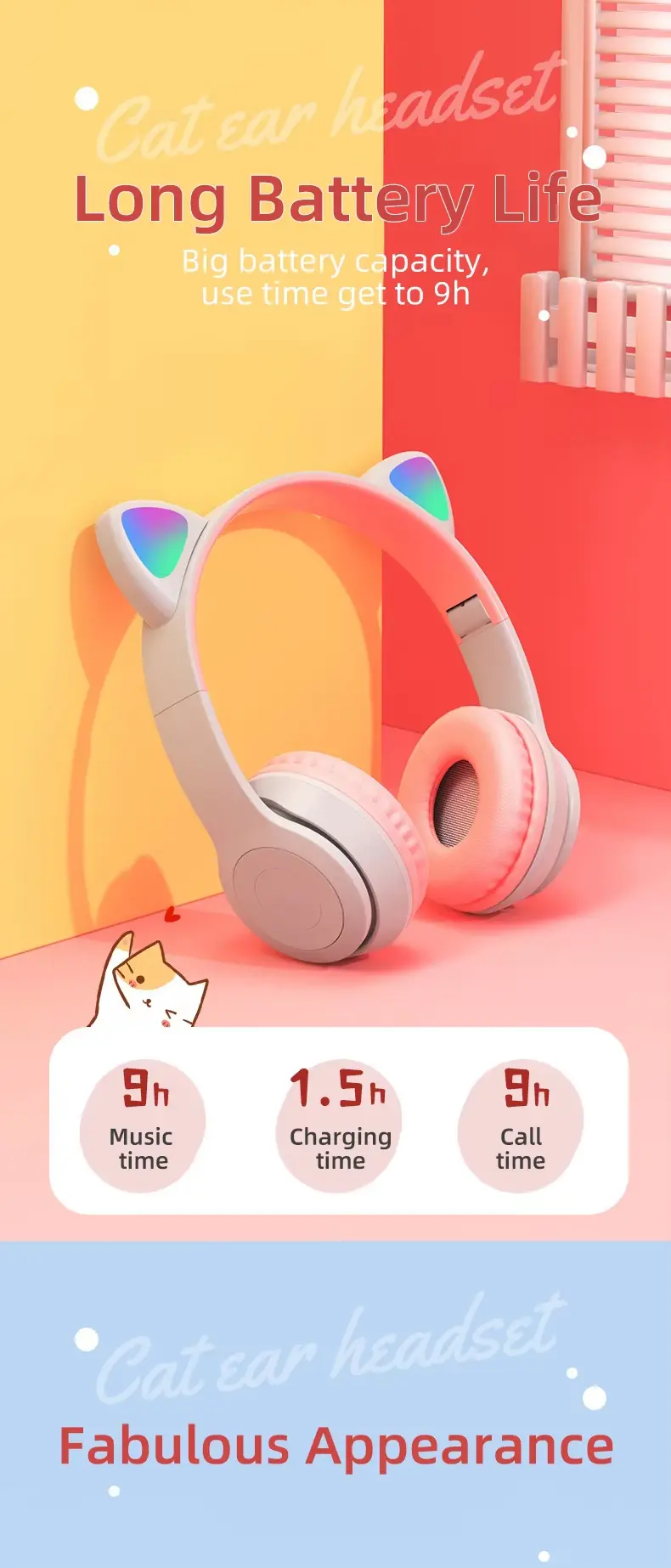 Casque gaming bluetooth oreilles de chat à réduction de bruit active_voghion.com