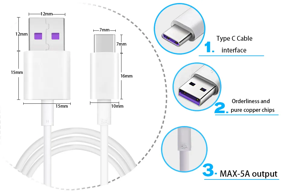 Cable USB-C tipo C de 30 cm y 5 A para teléfonos móviles Huawei, Xiaomi, Samsung y Android. Cable de carga superrápida tipo C._voghion.com