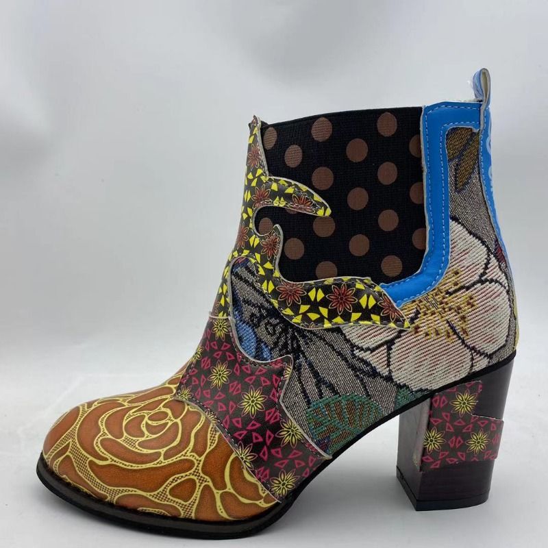 Vintage Splicing Impresso Tornozelo para Mulheres Sapatos Femininos PU Couro Retro Bloco Salto Alto Bohemian Senhoras Inverno Curto_voghion.com