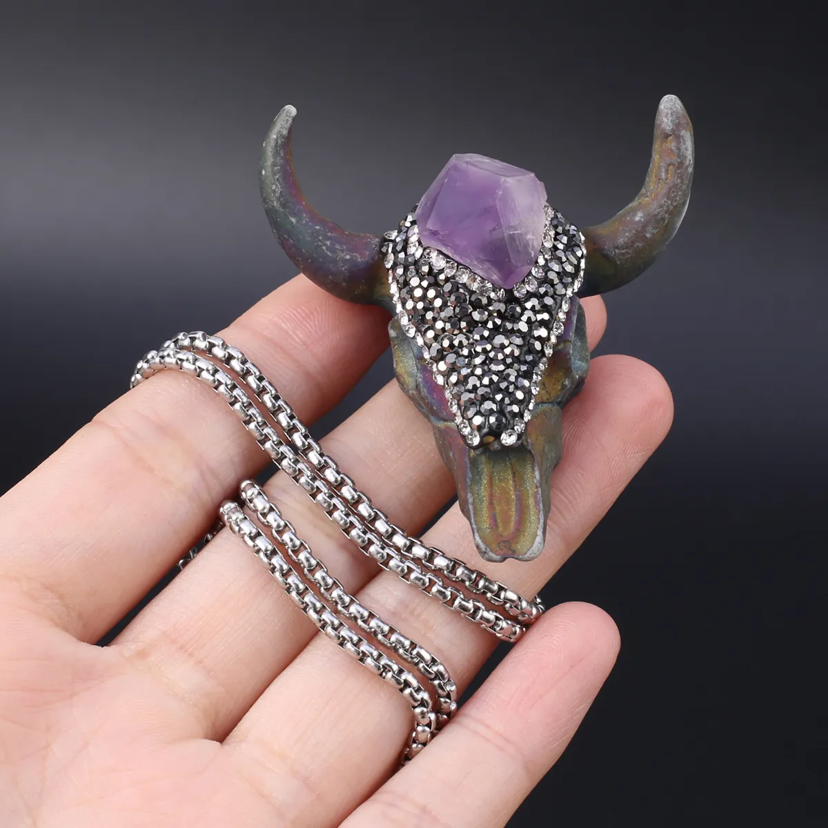 Catene 11 tipi di collane con ciondolo in acrilico con forme di testa di mucca incastonate in pietre naturali Ametista Turchese Reiki_voghion.com