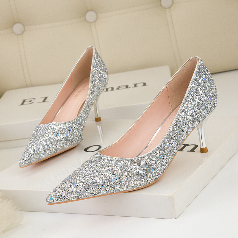 Fashion sexy slimming stiletto heels Shimmering pointe glitter party single shoes wedding shoes_voghion.com