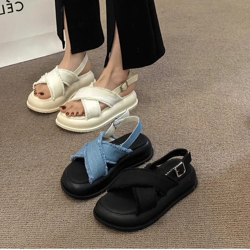 Gladiator Sandals For Women Denim Thick Sole Elegant Beach Shoes_voghion.com