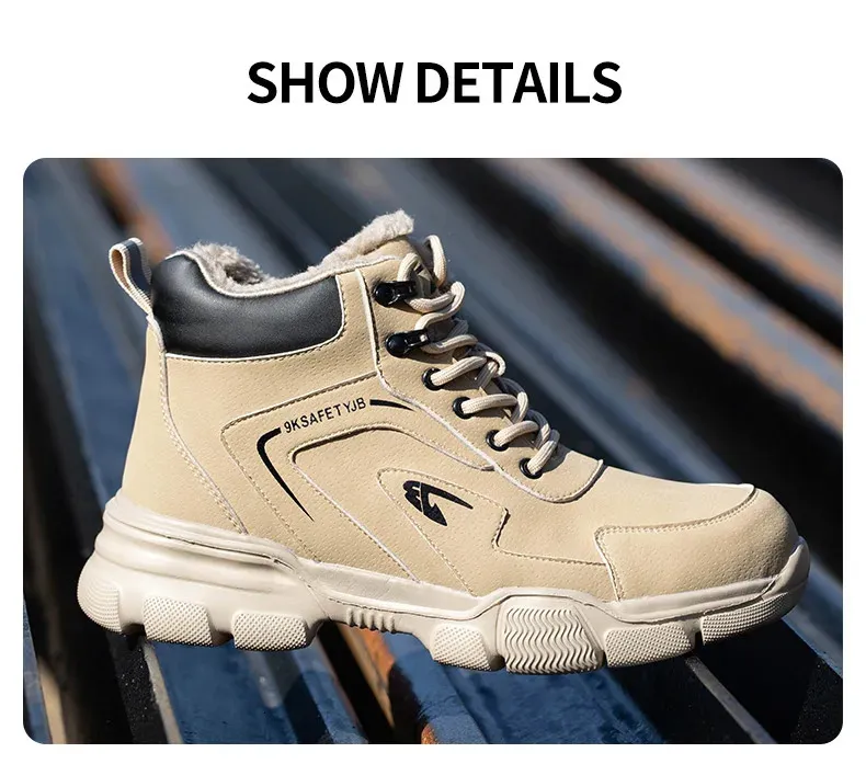Bottes de sécurité en cuir noir pour homme, chaussures de travail imperméables et résistantes à la pression des clous, bout en acier inoxydable_voghion.com