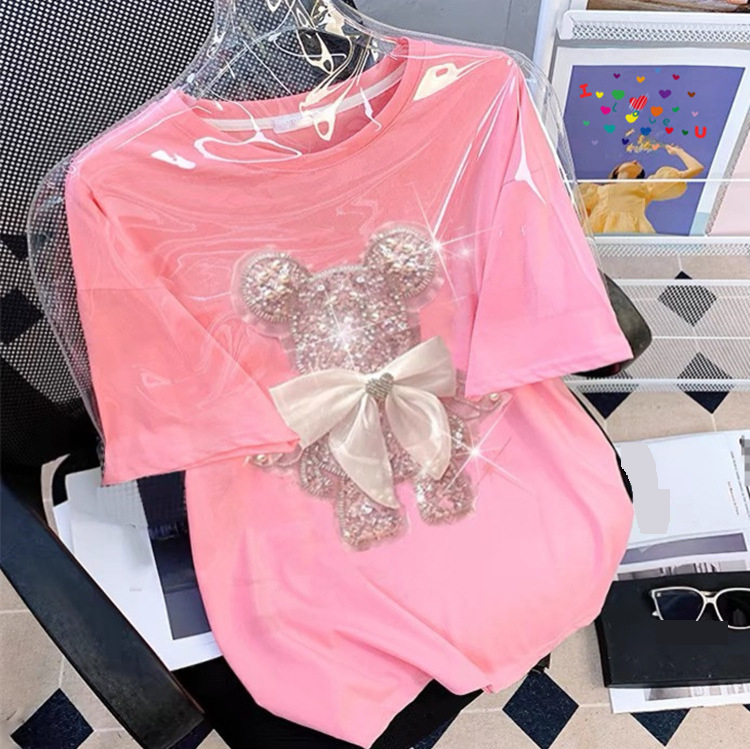 Vêtements pour femmes, T-shirt à manches courtes avec broderie de paillettes de diamant en trois dimensions pour femmes, hauts d'été amples et rajeunissants
