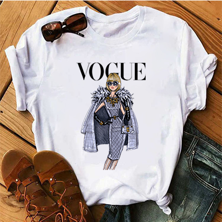 Elegant Girl Vogue Pattern Printed Pure Cotton 100% Summer Women's Round Neck Bottom Short Sleeve High Grade Gentle Comfortable T-shirt