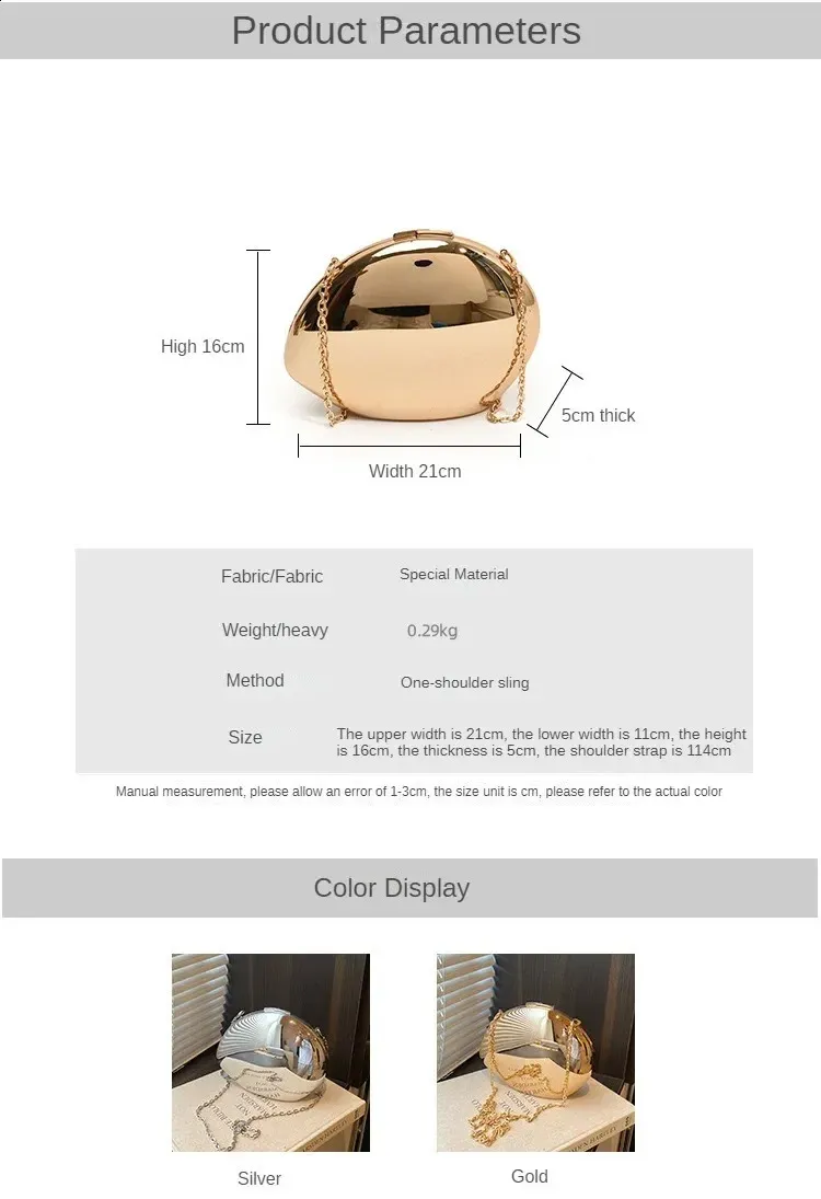 Akryl skallformet clutch gull sier kvinner kveldsfestveske søt skinnende metall skulder crossbody vesker liten veske_voghion.com
