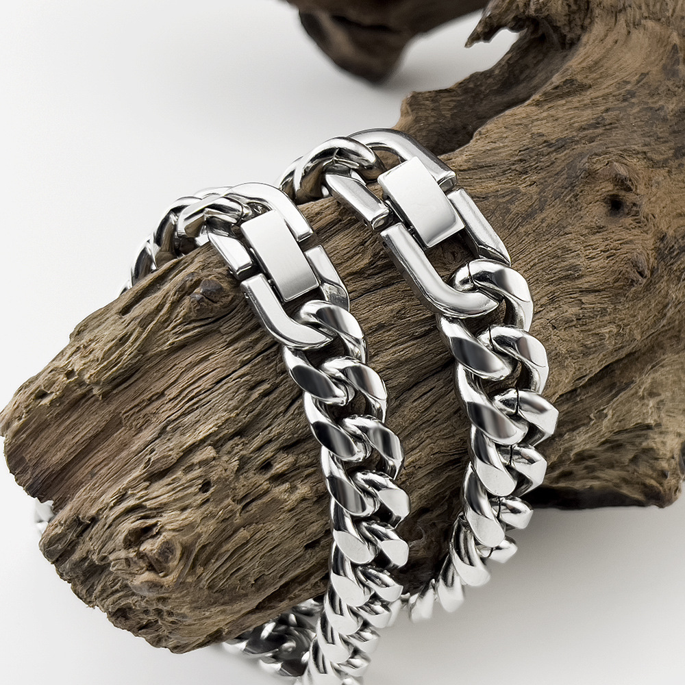 Trendy and cool stainless Cuban men's domineering titanium steel rough bracelet, hip-hop buckle jewelry_voghion.com
