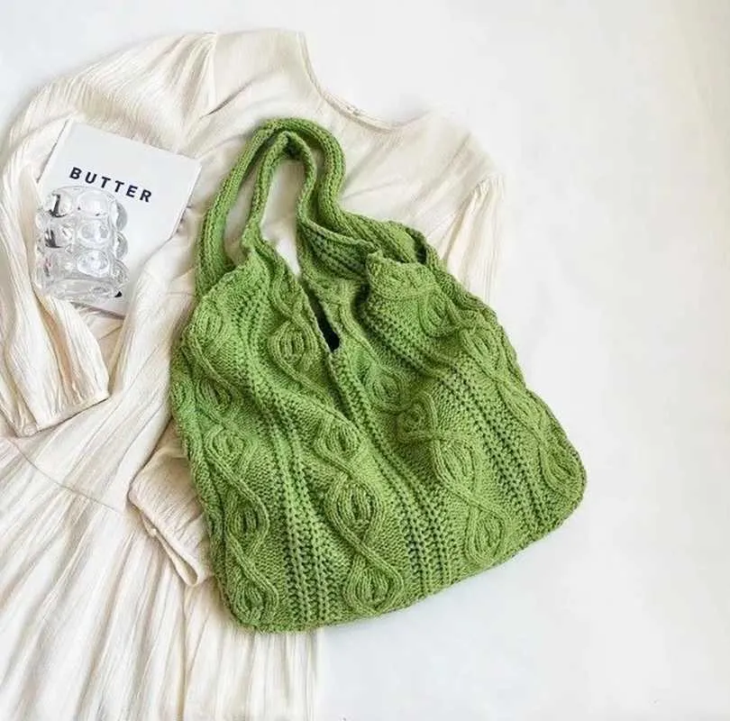 New Vintage Wool Knitted Hand Woven Shoulder Bag For Women Casual Shopping Handbag Large Capacity Female hetC241105_voghion.com