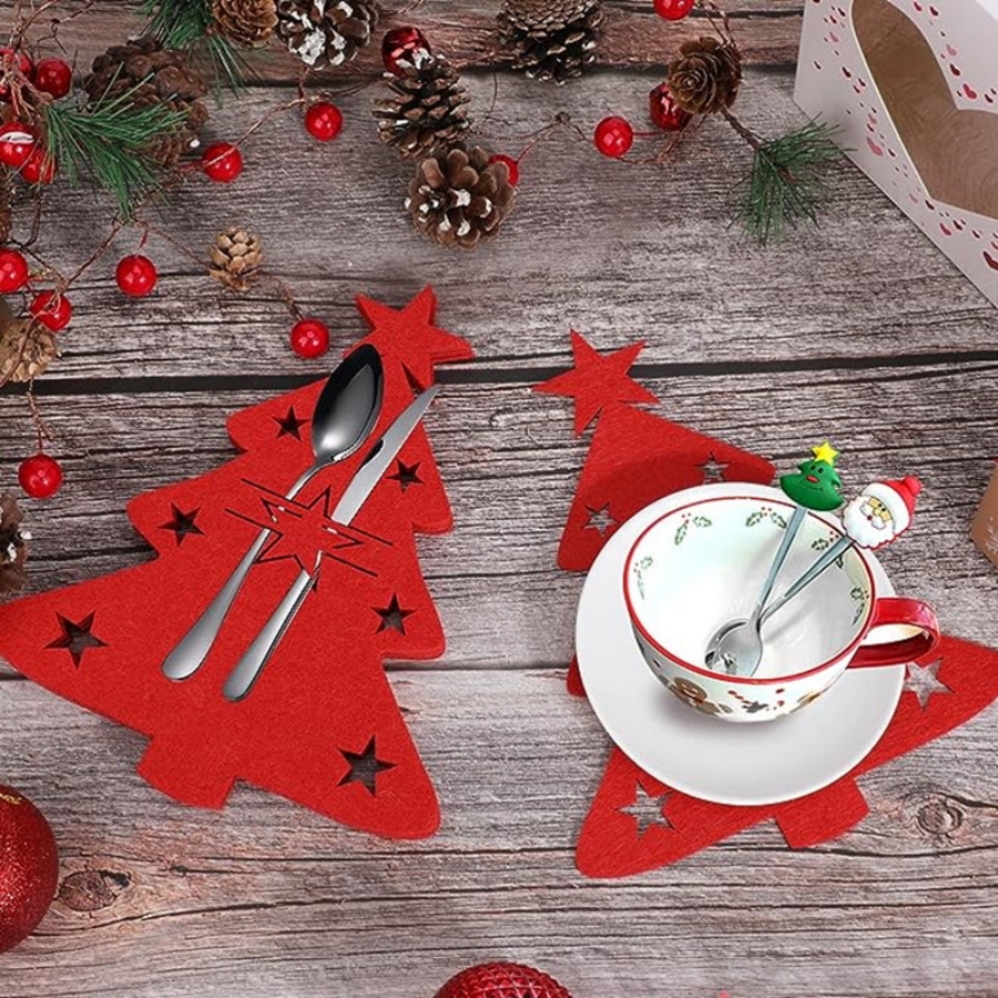 Lot de 4 porte-couverts en feutre pour sapin de Noël, décoration à suspendre pour couverts, table de fête, dîner, cuisine, set de table, dessous de verre_voghion.com
