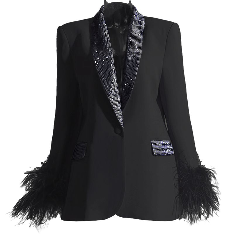 Abbigliamento donna Moda per donna temperamento modello originale tessuto piuma di struzzo brillante dia giacca da abito_voghion.com