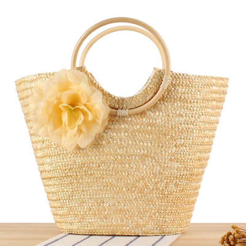 Neue handgewebte Rattan mit Blumen großem Fassungsvermögen und gewebter Tasche aus Stroh für den Strandurlaub_voghion.com