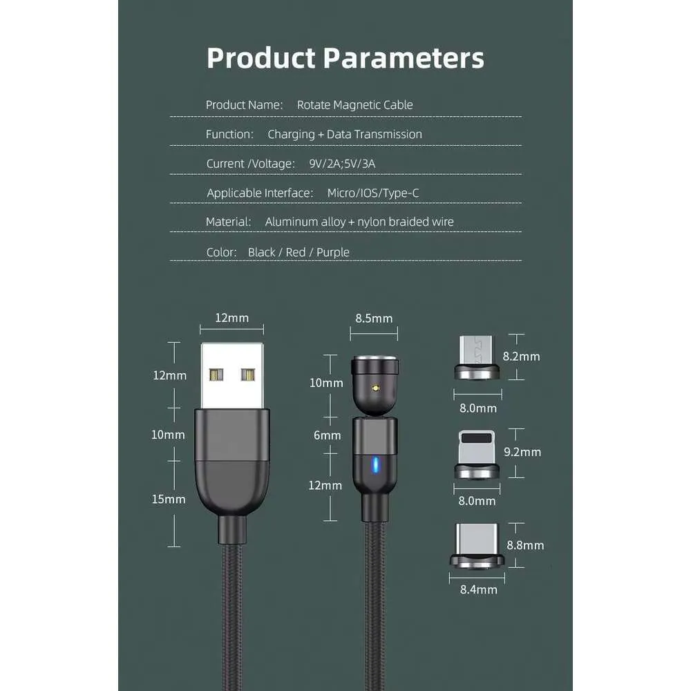 Melonboy Phone Accessories With 540 Degree Rotating Magnetic 3A Fast Charging Cable And USB Data Cable, Designed For_voghion.com