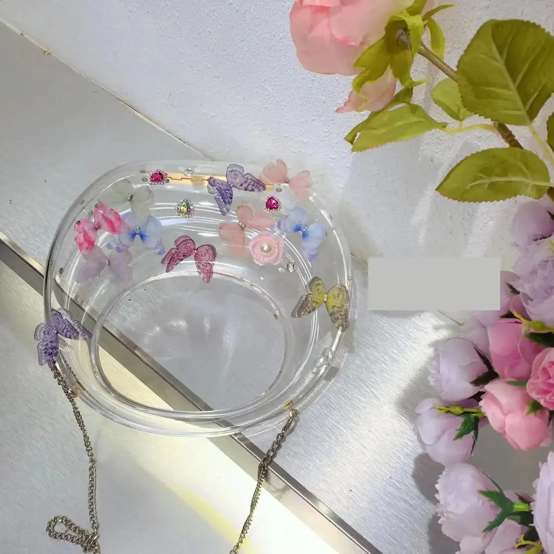 Borsa a tracolla in acrilico con decorazione a farfalla da donna, trasparente, per matrimonio, sera, festa, borsa rotonda 2024, borsa a mano 240907_voghion.com
