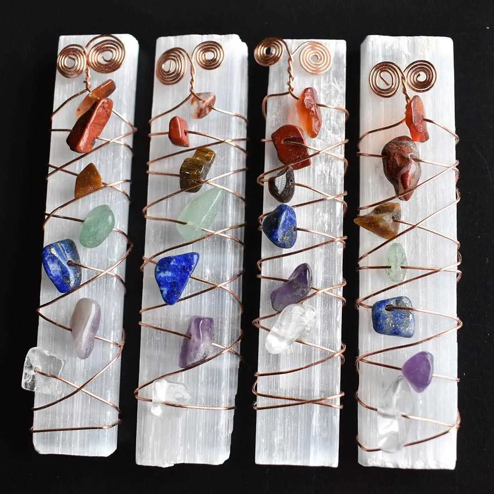 7 cristaux de guérison des chakras, perles en fil de fer enroulé, bâton de sélénite brute pour la méditation du yoga, spirituel, Reiki_voghion.com