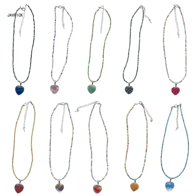 Beaded Heart Pendant Necklace Adjustable Colourful Choker Chain_voghion.com