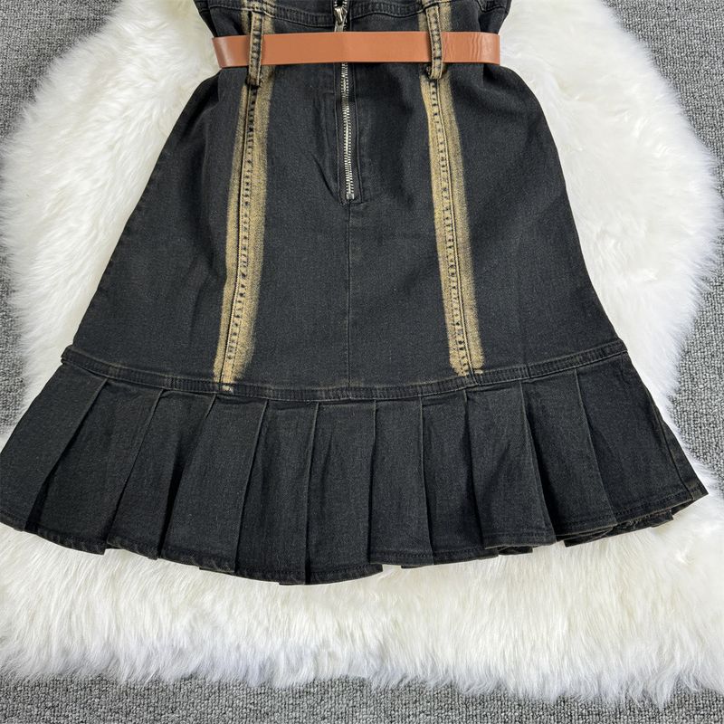 Rochie retro sexy din denim cu tub, cu un umăr, fără spate, cu coadă de pește, plisată pe șold, pentru femei_voghion.com