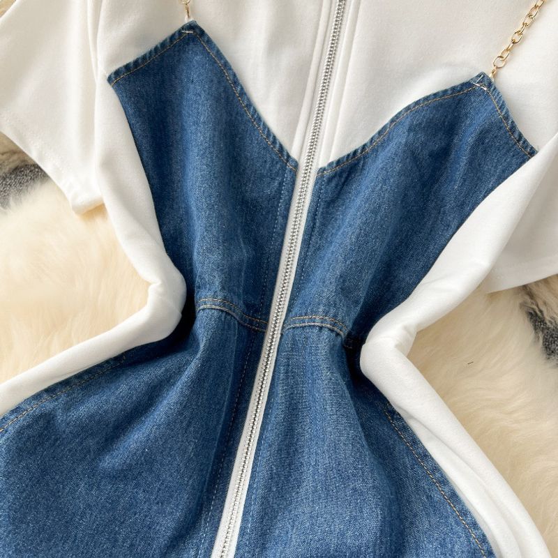 Gonna con bretelle in denim a contrasto a maniche corte, con cerniera, abito corto attillato da donna_voghion.com