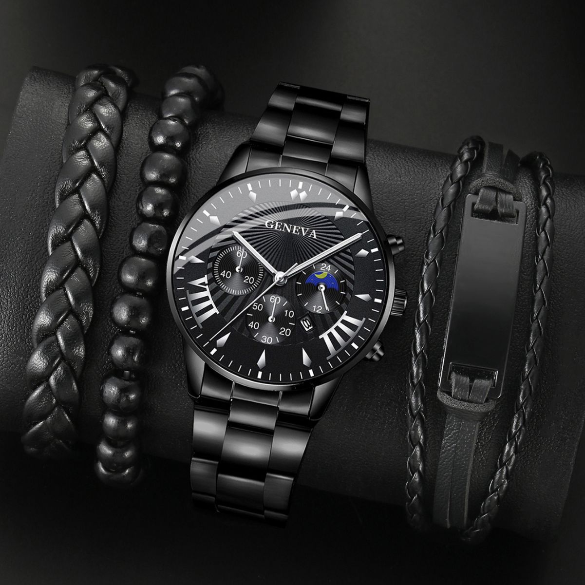 Nuevo estilo, sencillo, informal, creativo, conjunto de pulsera de tres piezas, reloj de pulsera de acero de cuarzo para hombre a la moda, fábrica recta