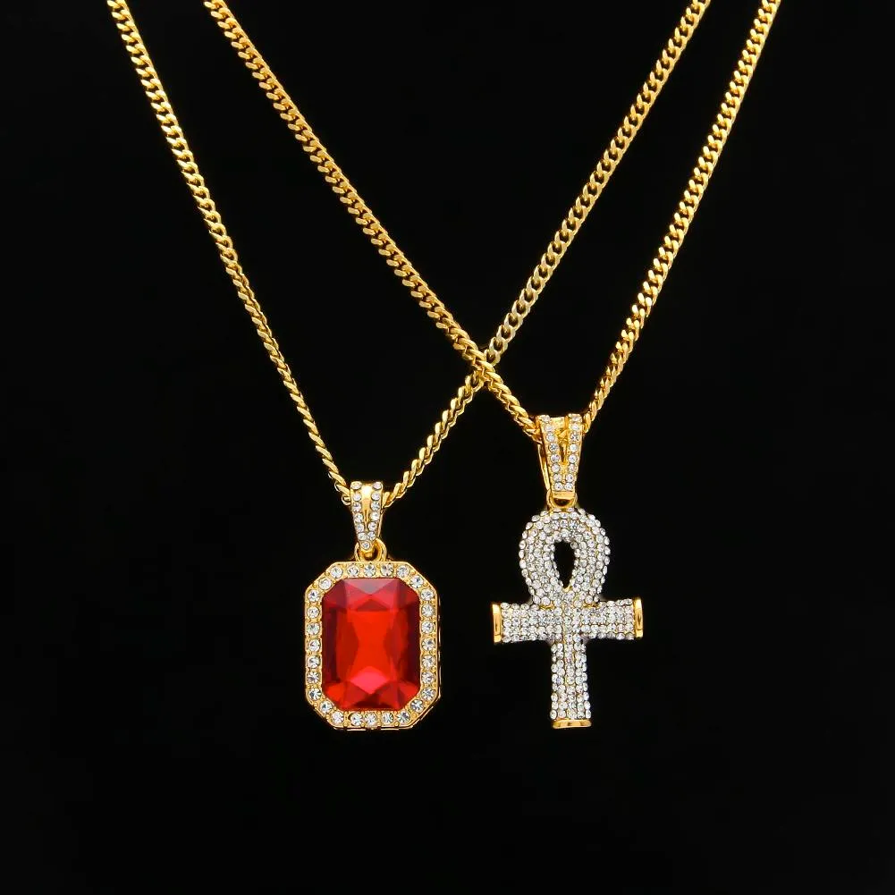 Neue Mode Ägyptischen Ankh Schlüssel des Lebens Bling Strass Kreuz mit Rot Rubin Anhänger Halskette Set Männer Hip Hop Schmuck Geschenk_voghion.com