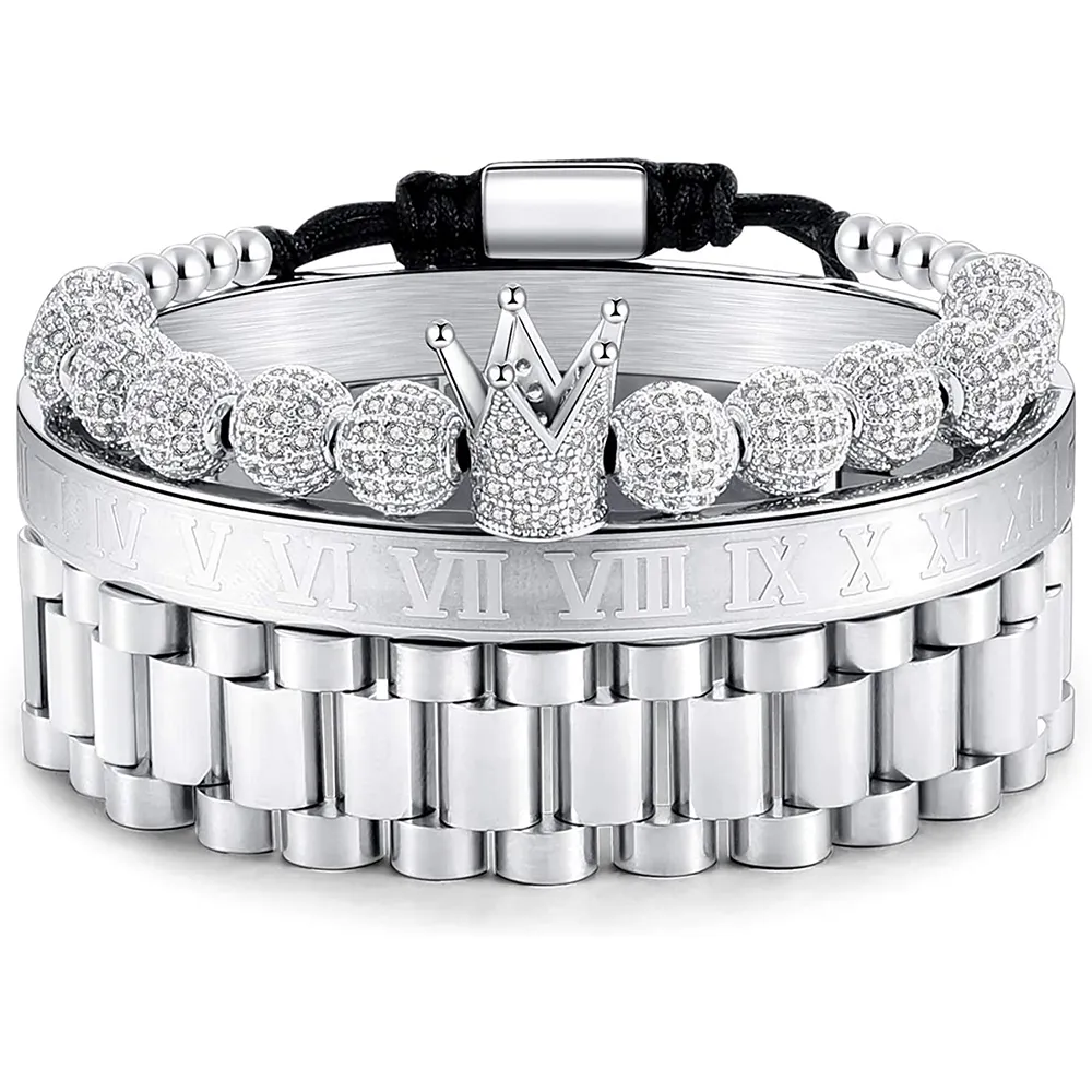 Mens Two-tone Crown Charm Bracelet Set 3 Piece Gold Cuff Bangle_voghion.com