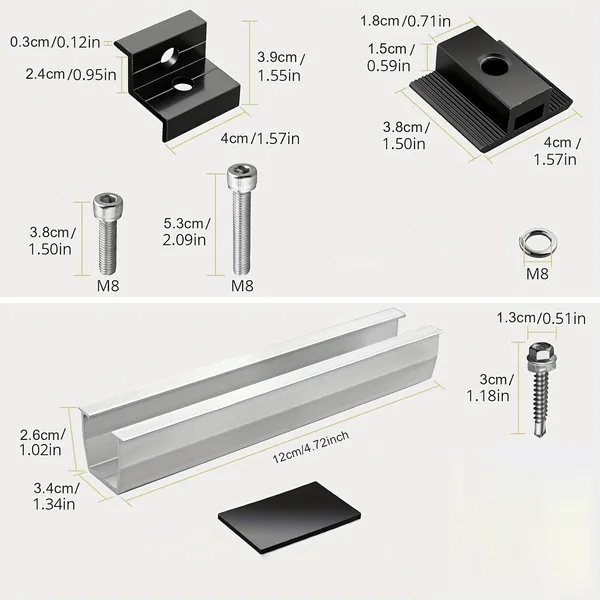 Kit de six rails de montage photovoltaïques en forme de U de 12 cm, couleur argent._voghion.com