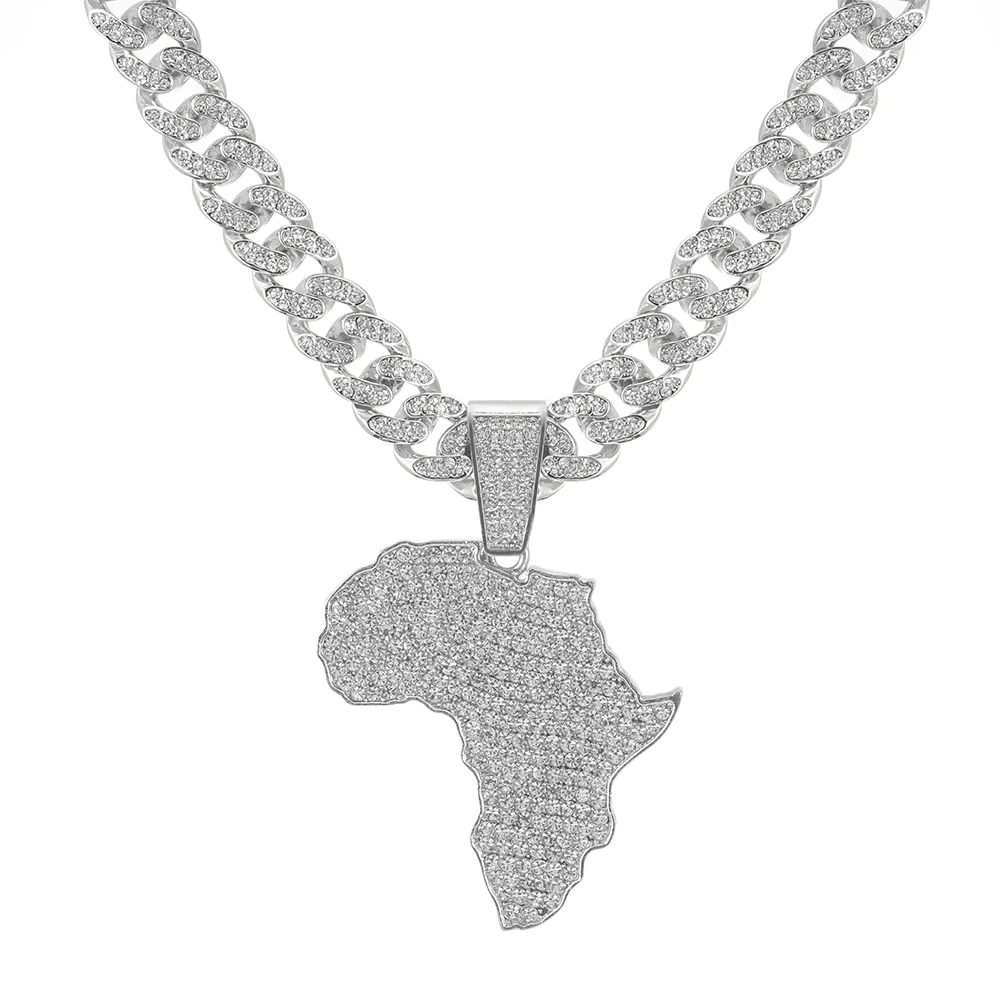 Mode Kristall Afrika Karte Anhänger Für Frauen Männer Hip Hop Zubehör Schmuck Halskette Choker Cuban k Kette Geschenk_voghion.com