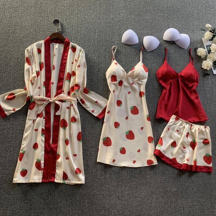 Women’s Clothing large size home clothes printing four piece set fashionable and comfortable lace pajamas set