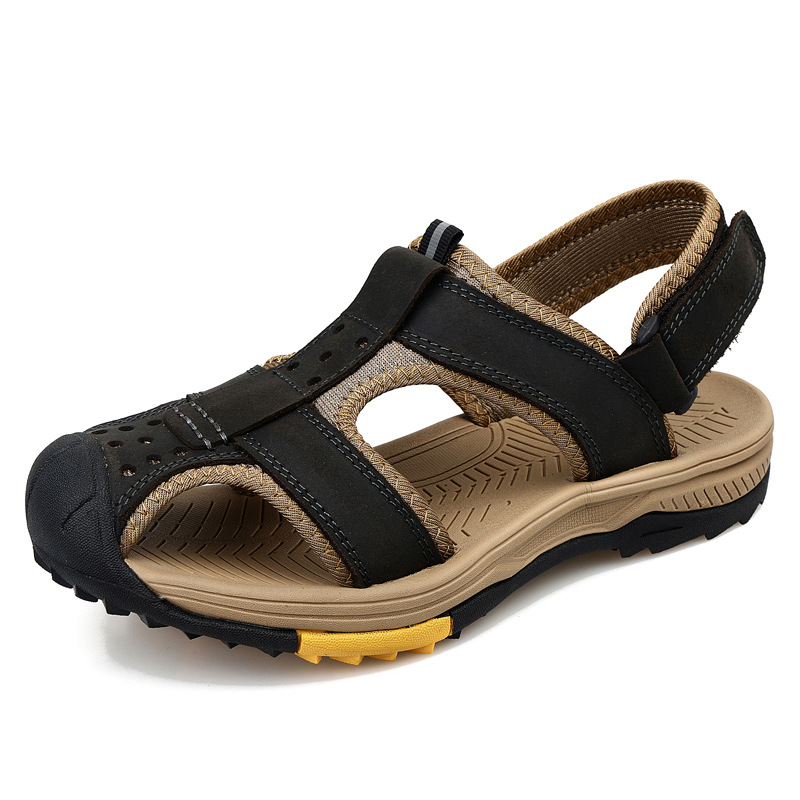 Big Size Baotou Outdoor Men's Beach Sandals, Anti Slip, Anti Kick, Mountain Climbing, Off-road, Genuine Leather, River Tracing Sandals_voghion.com