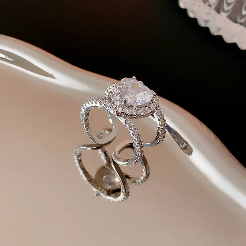Heart Zirconia Bangle And Ring Set For Women Silver Colour_voghion.com