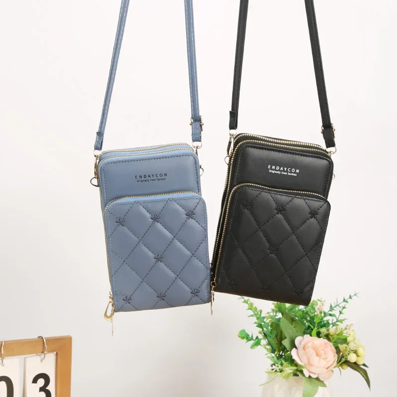 Three-Layer Zipper Storage Mobile Phone Bag Vertical Shoulder Women's Crossbody Bag With Distinctive Diamond Embroidery_voghion.com
