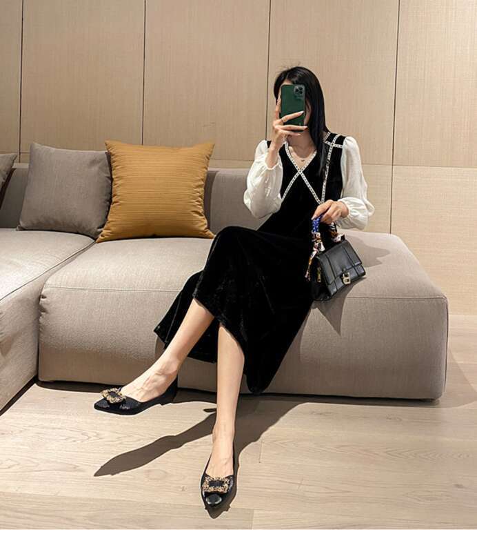 Low Top Solid Color Adhesive Pointed Toe Flat Heel Rhinestone Square Buckle Microfiber Large Size_voghion.com