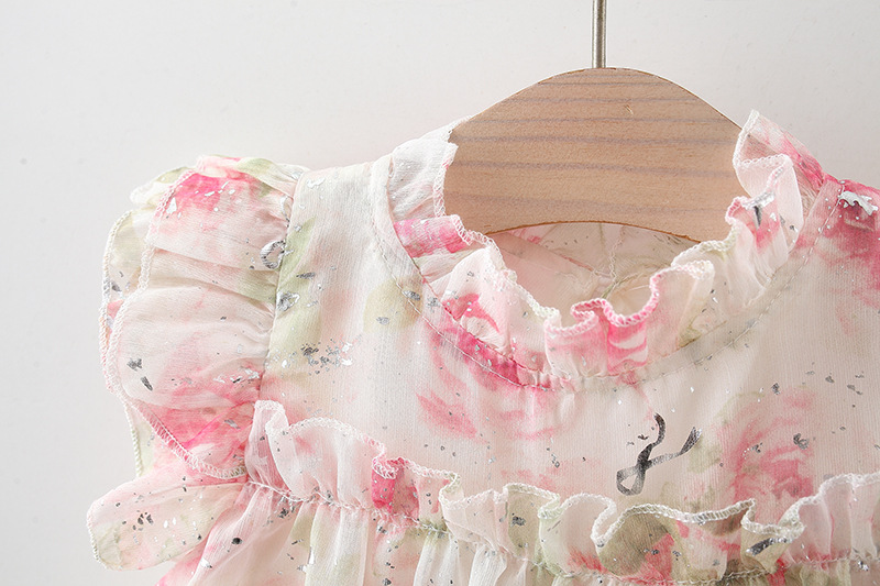 Baby Yellow Dress Baby Girl Rose Flower Printed Chiffon Princess Dress Send Beach Hat_voghion.com