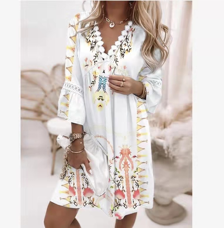 Abito casual da vacanza bohémien in stile patchwork in pizzo stampato con scollo a V, primavera 2022_voghion.com
