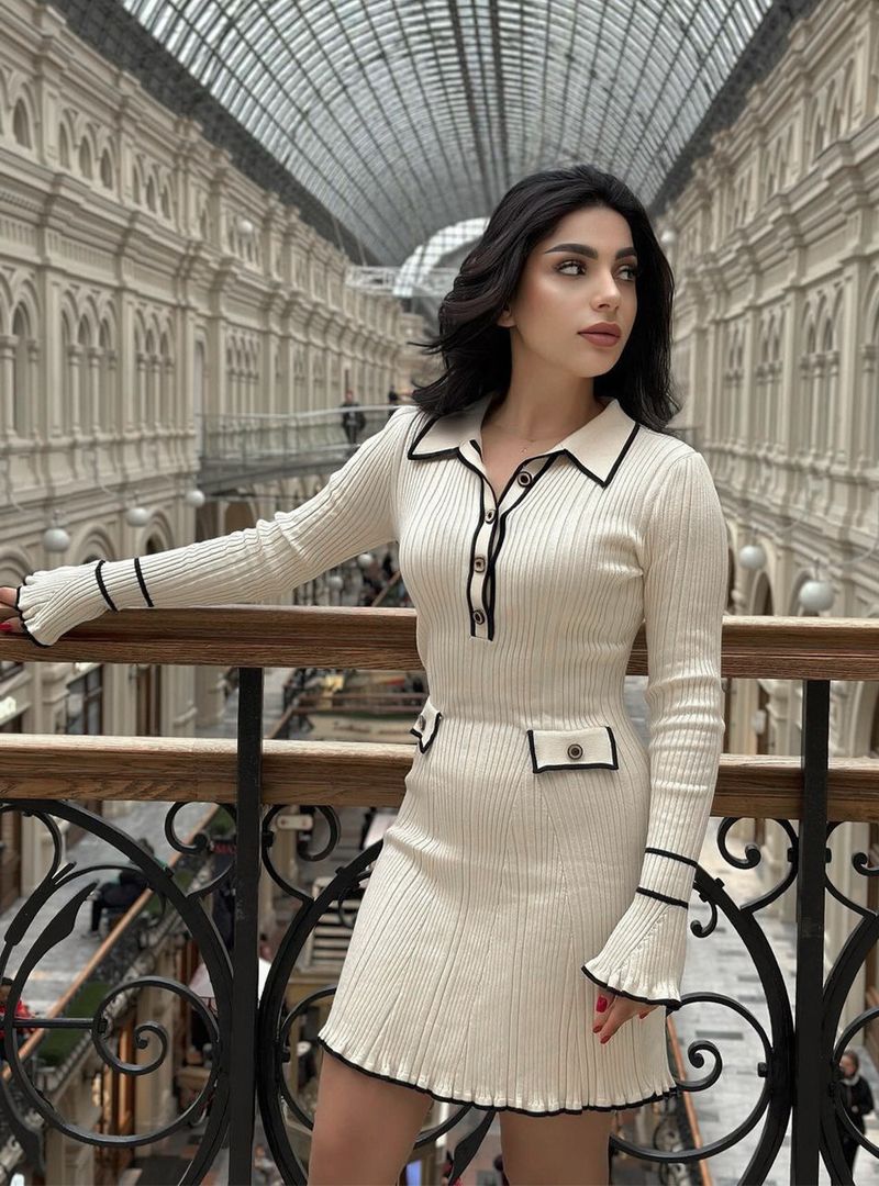 Women's Clothing Ruffled knitted dress long sleeve lapel button earrings_voghion.com