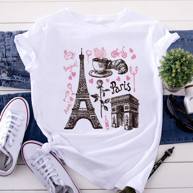 Heißer verkauf Mode frauen Tops T-shirt Haruku Paris Eiffelturm Druck T-shirt Casual Streetwear Kurzarm Weibliche Kleidung_voghion.com
