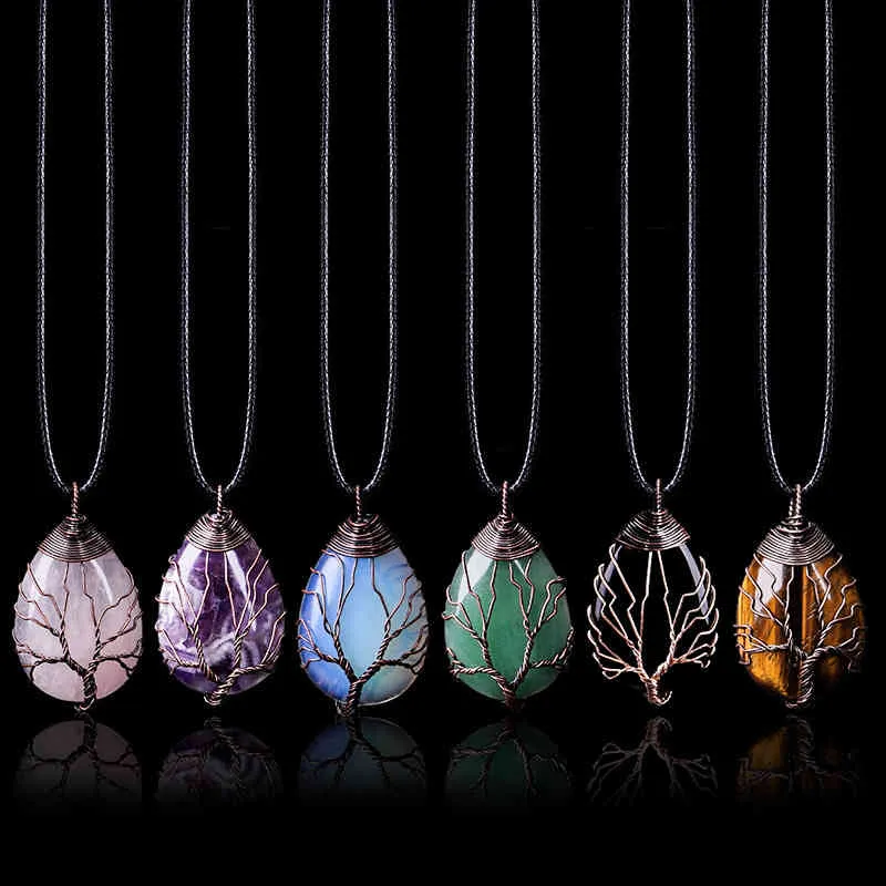 Natuursteen Crystal Drop-vormige Draad Wond Lucky Tree Hanger Ketting Vrouwen Romantische Sieraden Choker Vriendin_voghion.com