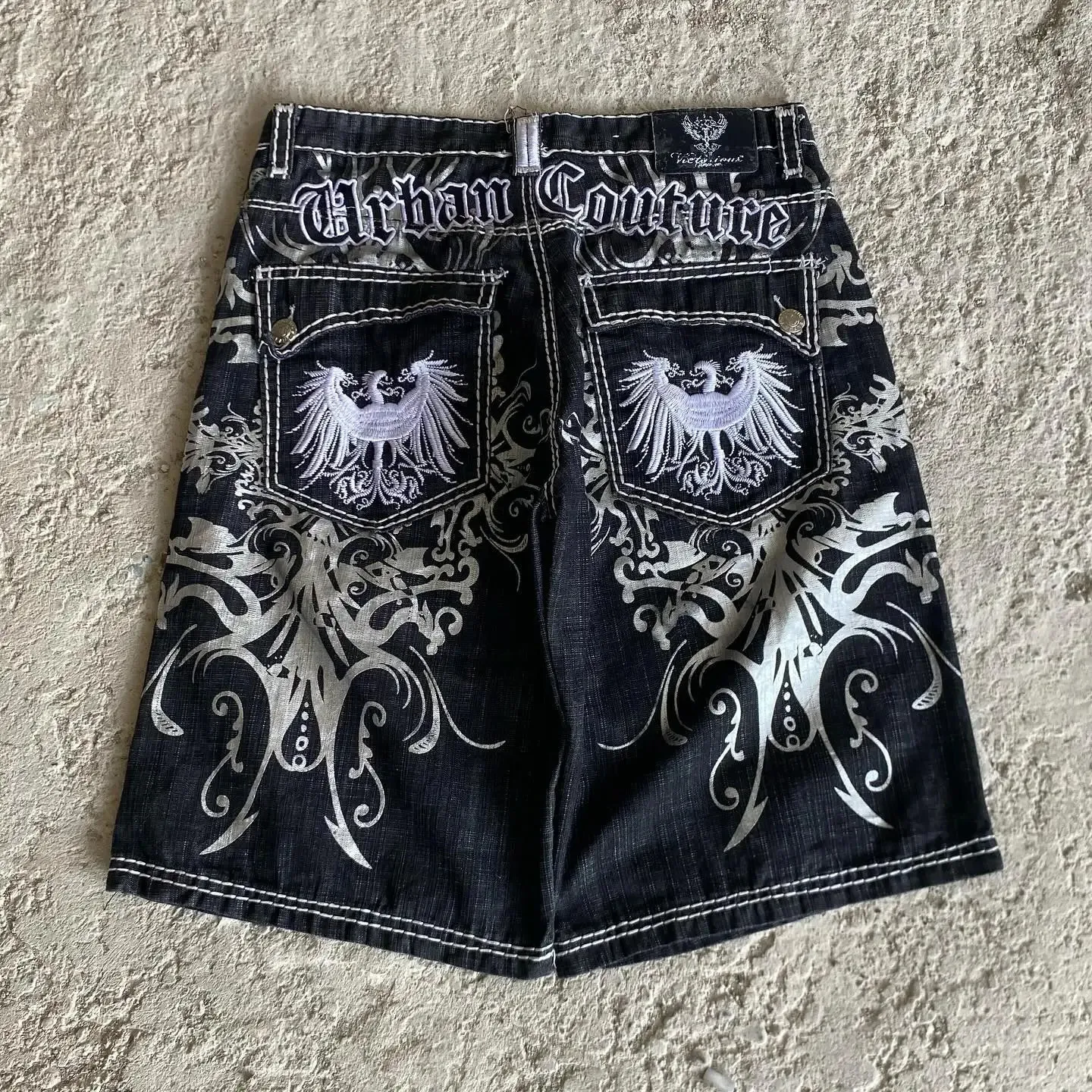 Pantaloncini larghi con ricamo motivo gotico retrò America Y2k Personalità Stampa N Casual Denim Short Moda Uomo Donna Jorts_voghion.com