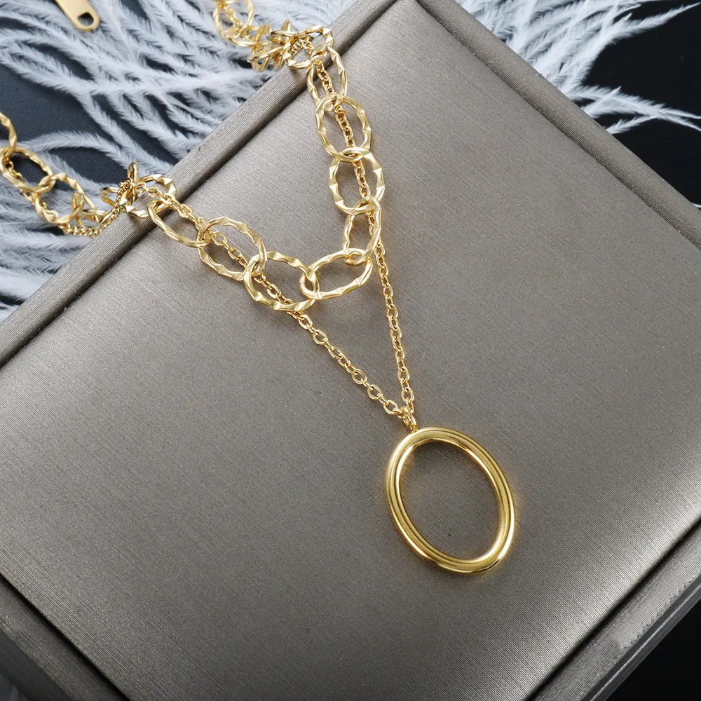 Collane con ciondolo Semplice ovale Multi strato Collana per donna Uomo Acciaio inossidabile Catena a maglie Choker Hip Hop Trendy_voghion.com
