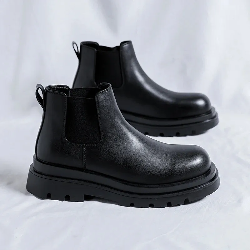 Thick soled elevator comfortable leather shoes with increased height high top mens platform sliding up ankle boots_voghion.com