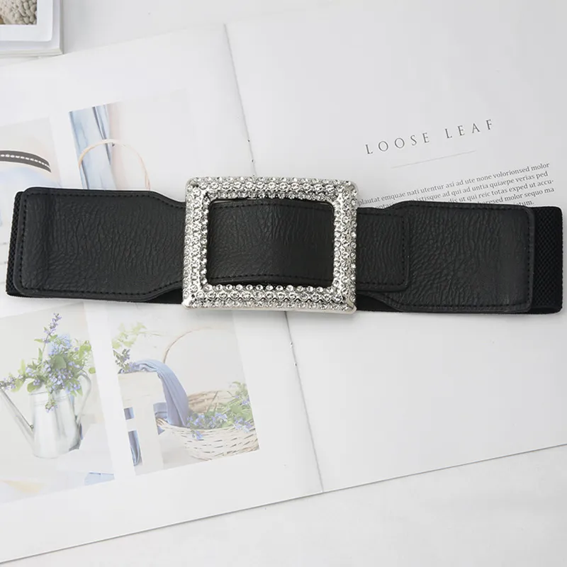 Cinture Cintura larga in pelle elastica alla moda per donna Cintura con fibbia quadrata con strass Cintura in vita con corsetto Cintura femminile_voghion.com