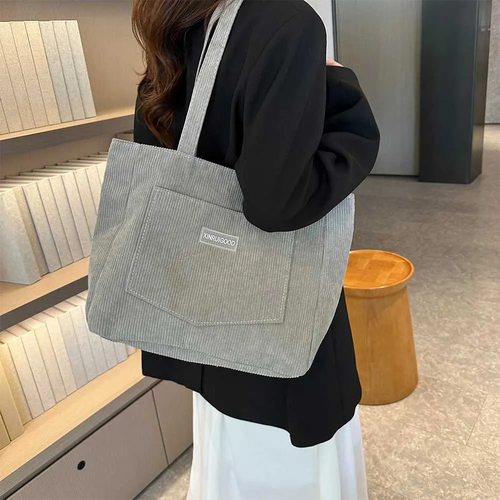 Borsa a tracolla di grande capacità, borsa da donna alla moda in velluto a coste tinta unita con tasca anteriore C241108_voghion.com